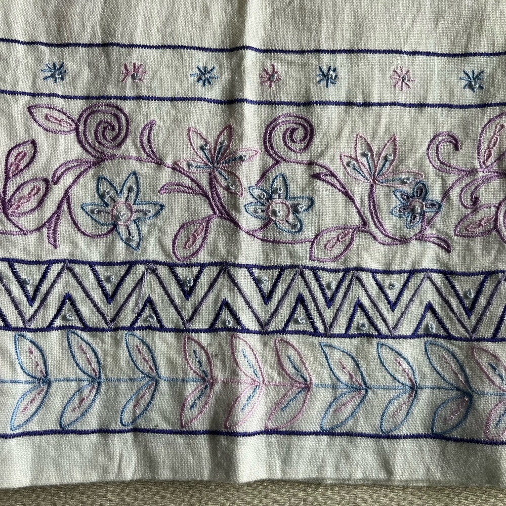 White Linen Pastel Embroidered Wide-Leg Cropped Pants Feminine Work Sz 12 - Picture 5 of 7